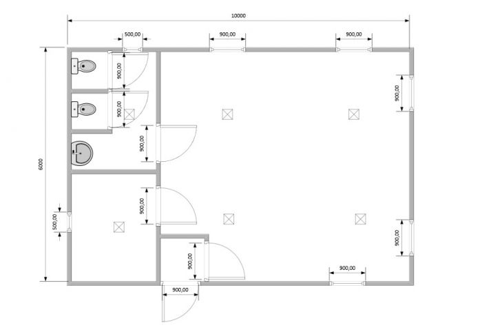 Модульное здание штаб строительства с тамбуром, кладовой и двумя туалетами модель: РС-М03